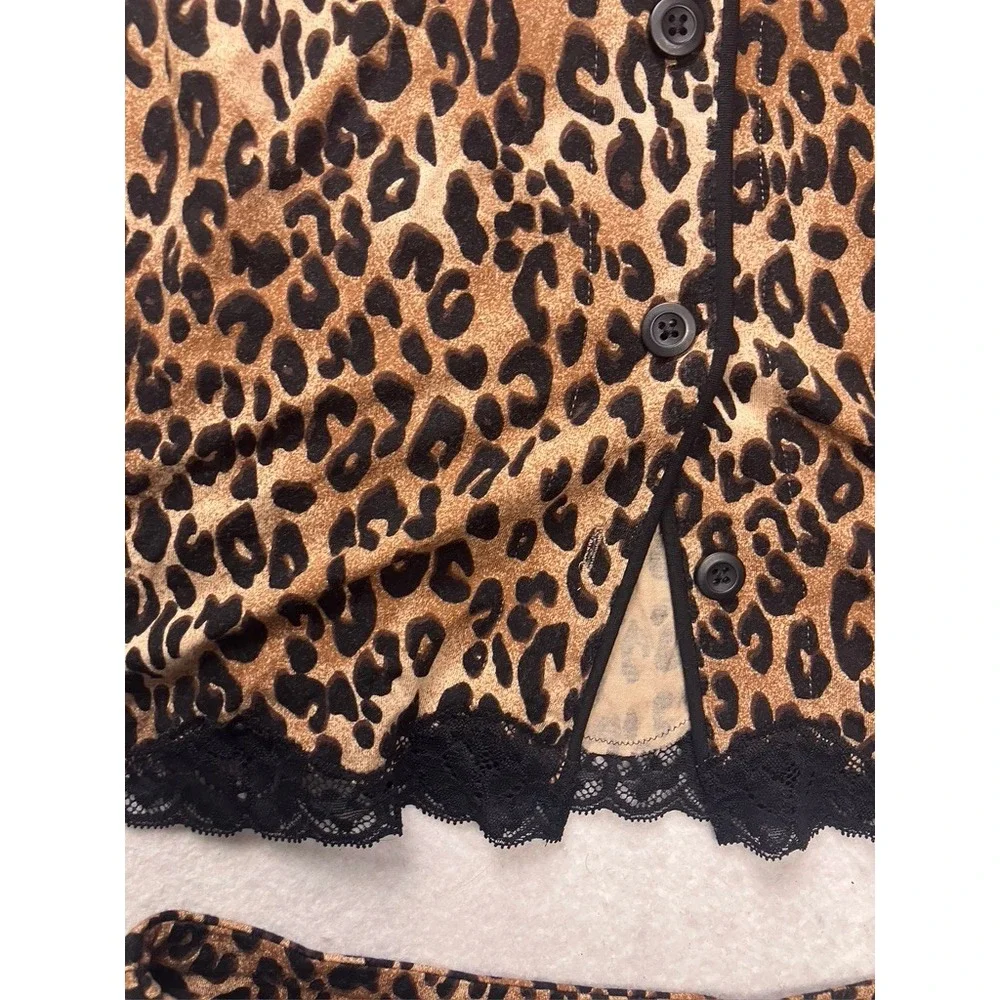 Soma Pajama Set Women Small Brown Leopard‎ Print Lace Trim Button Front Shorts